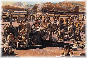 Manschappen van het 82ste, die oefenen in Noord-Afrika, (kleurtekening).